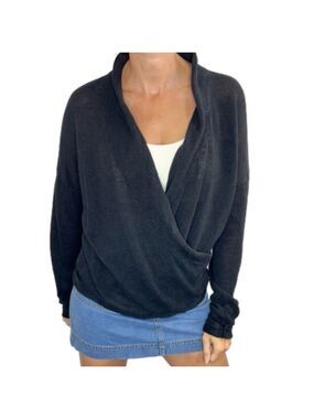 Simons Contemporaine 100% organic linen black draped shawl collar pull over L